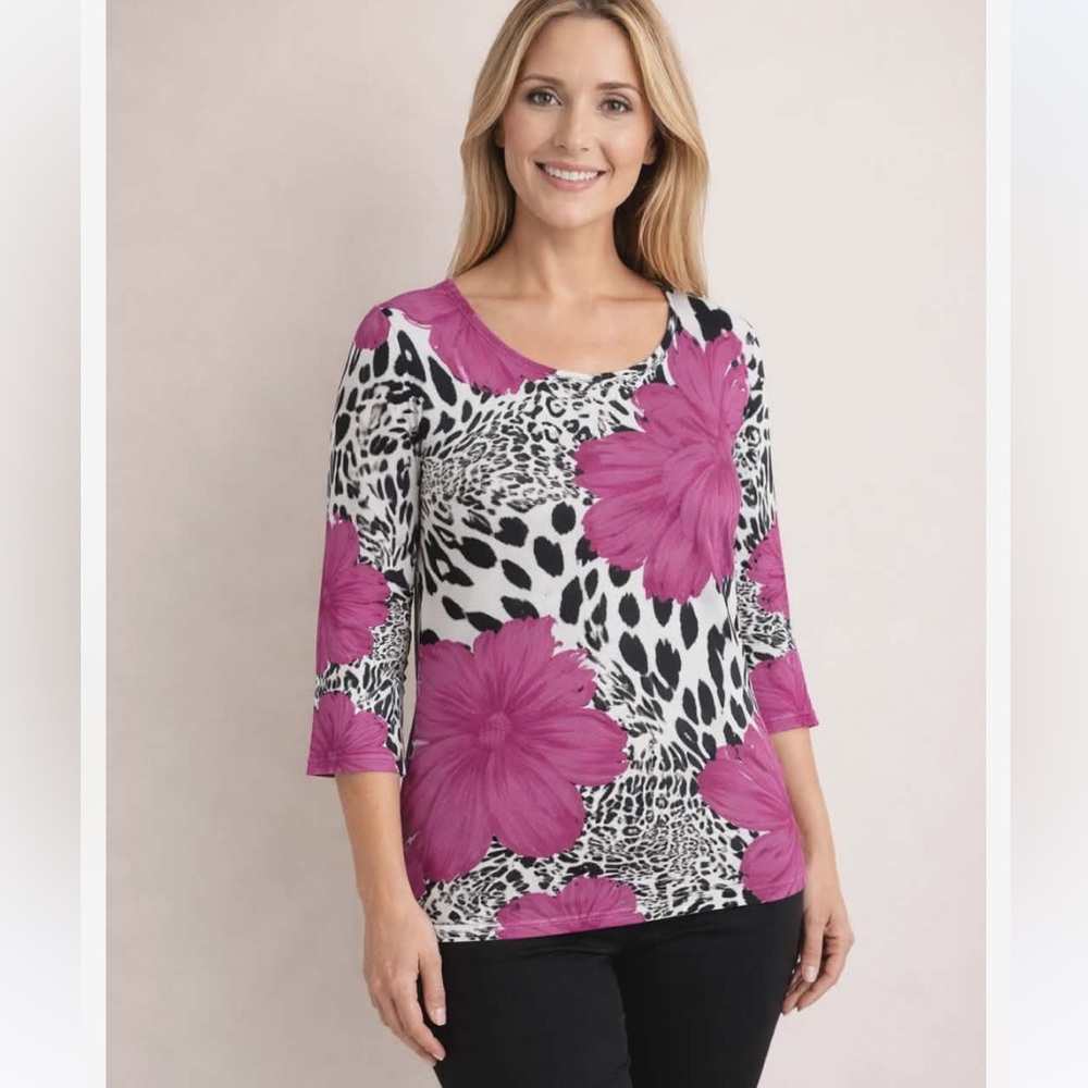 TESSORI Pink Floral & Black Animal Print  Long Sleeve Sweater L